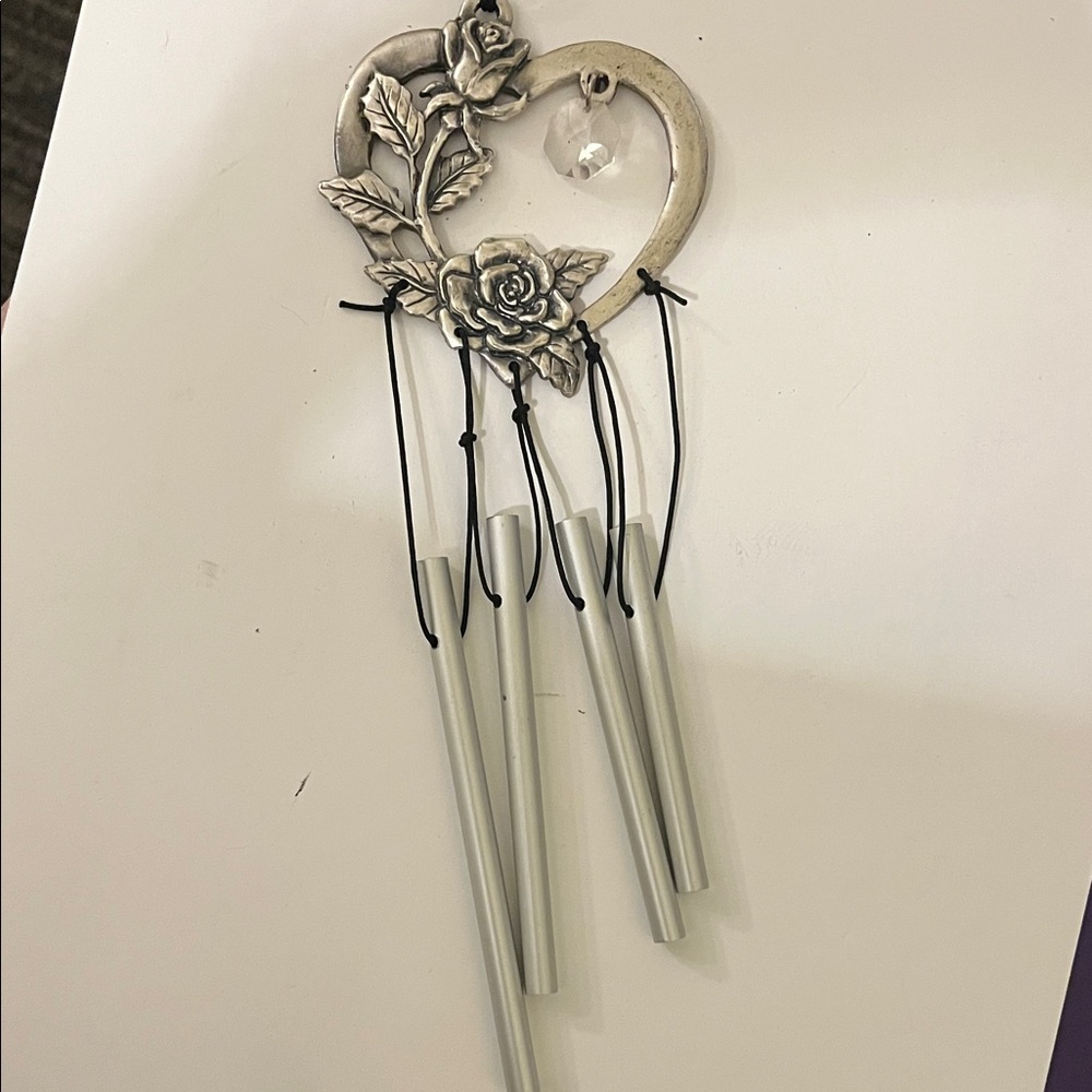 GANZ Silver Floral Heart Wind Chime with Roses Pewter